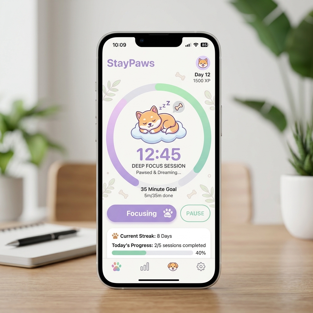 StayPaws iOS app — deep work focus timer that helps feed shelter dogs